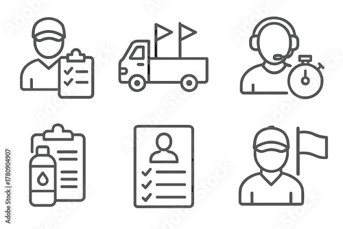 Race Organization Icons. Line style icons of race organization: race director clipboard, course setup truck, timing crew icon, aid
