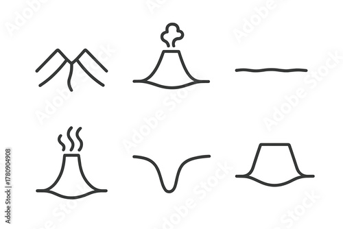 Seafloor Features Icons. Line style icons of seafloor features: mid-ocean ridge, underwater volcano, abyssal plain, hydrothermal