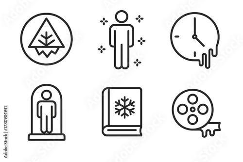 Cryogenics Line Icons. Line style icons of cryogenics in art and culture: cryo-futurism symbol, suspended animation figure, frozen