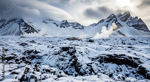 Snowy Mountain Landscape with Dramatic Clouds and Volcanic Activity.