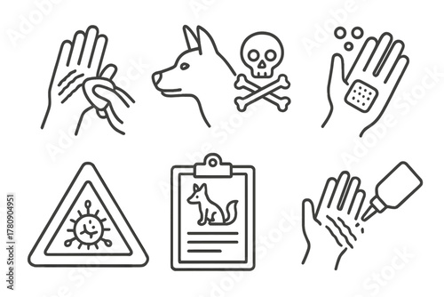 Animal Injury Icons. Line style icons of animal encounter injury care: claw wound cleaning, rabies concern icon, bite puncture