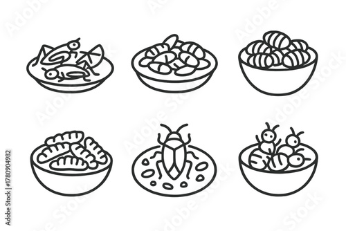 Cultural Insect Delicacies Icons. Line style icons of cultural insect foods: Thai fried crickets, Mexican chapulines, Korean
