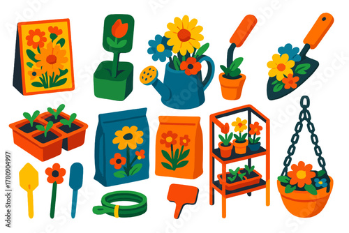 Garden Tools & Flowers. Isometric vector illustration set Various Flowers: wildflower seed packet, plant label, watering can with
