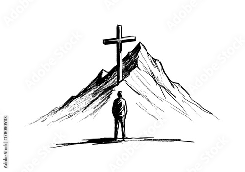 Man contemplating cross on mountain: spiritual journey sketch in minimalist style