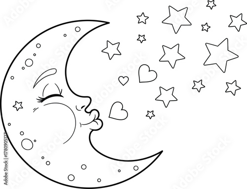 Cute Cartoon Moon Blowing Kisses and Stars - Dreamy Night Sky Line Art