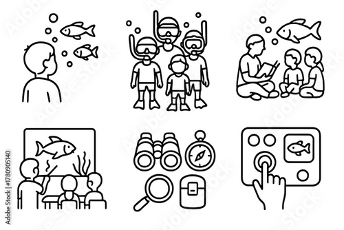 Family Underwater Adventures. Line style icons of family underwater tourism: child watching fish, family snorkeling group,
