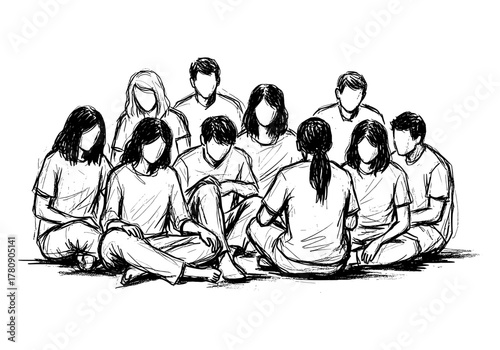 Sketch style group conversation: monochrome art with diverse people