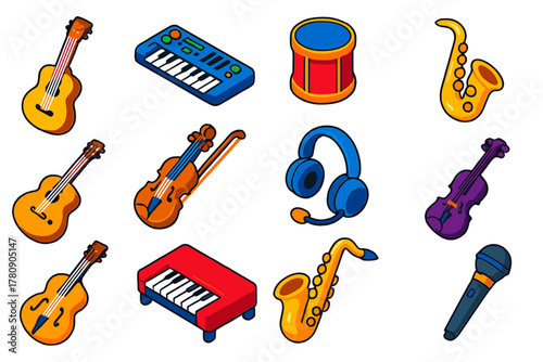 Colorful Musical Instruments. Isometric vector illustration set music instruments: steel-string guitar, synthesizer piano, tom-tom