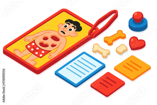 Colorful Board Game Elements. Isometric vector illustration set Board games – patient board, tweezers tool, body cavity opening;