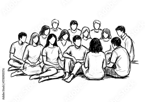 Sketch of diverse group gathering in seated discussion on white background