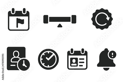 Visa Duration Icons. Solid style icons of visa duration and extension: calendar with flag icon, visa length bar, renewal stamp