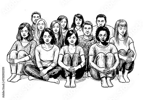Diverse group of people sitting cross-legged in hand-drawn style