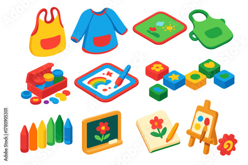 Bold Baby Essentials. Isometric vector illustration set Baby Essentials: baby apron, smock bib, art mat, finger paint set, water