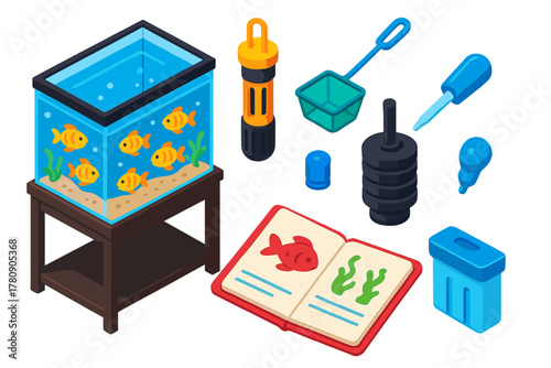 Aquarium Supplies Isometric. Isometric vector illustration set Aquarium life – quarantine tank, blue background, separate stand;