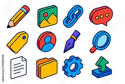 Design Essentials Icons. Isometric vector illustration set Web and Print Design Essentials: pencil, image icon, chain link, chat