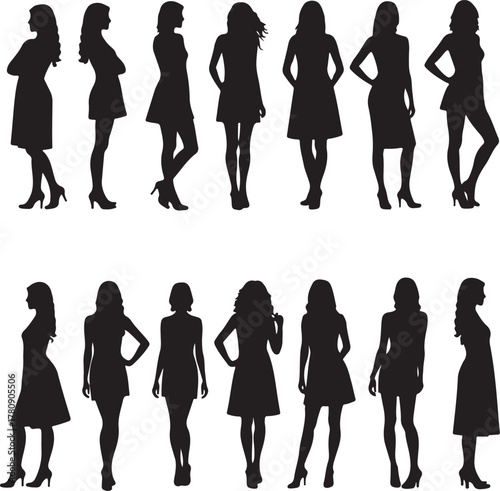 Black silhouettes of women in dresses and heels woman