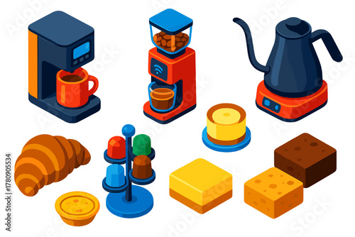 Coffee Gear & Treats. Isometric vector illustration set Coffee Equipment and Breakfast Treats: smart coffee maker, digital coffee
