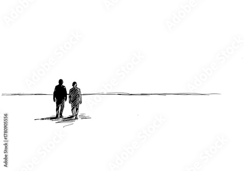 Minimalist ink drawing of a couple walking along a vast horizon