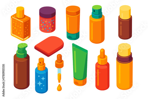 Makeup Essentials Icons. Isometric vector illustration set Makeup Essentials and Accessories: shimmer body oil, body glitter, skin