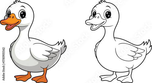 Cartoon duck illustration, cute animal drawing, coloring book page, outlined bird sketch, children’s activity art, vector design for kids