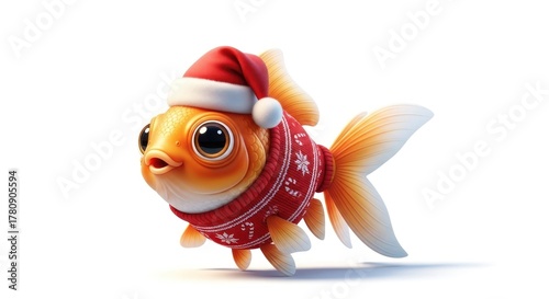 A chubby goldfish, vibrant orange, joyfully wears a Santa hat and festive red sweater, isolated on a white backdrop