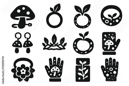 Organic Accessory Icons. Solid style icons of growing clothing accessories: fungal brooch icon, bio-ring badge, organic bracelet