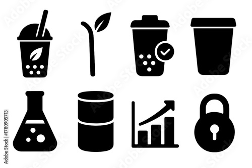 Eco Bubble Tea Icons. Solid style icons of bubble tea packaging research: eco cup icon, biodegradable straw, leak-proof lid test.