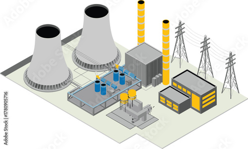 Isometric power plant industrial illustration with cooling towers, electrical transformers, energy facility and high voltage transmission pylons, factory concept, technology