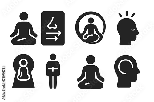 Inner Balance Icons. Solid style icons of focus and inner balance: calm body symbol, stable breath panel, centered spirit loop.
