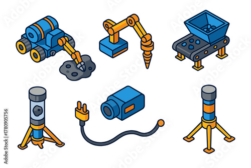 Space Mining Equipment. Isometric vector illustration set Space exploration – asteroid miner, drilling arm, hopper bin; sorting