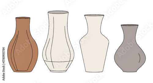 Elegant Ceramic Collection: A curated ensemble of handcrafted ceramic vases. Showcasing a range of unique shapes, these vessels, from simple to sophisticated, offer a touch of artistry.
