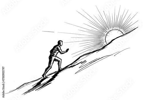 Determined climber ascends mountain towards radiant sun in dynamic sketch