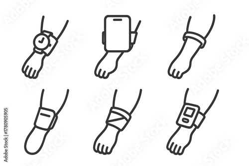 Prosthetic Accessories Icons. Line style icons of everyday prosthetic accessories: limb-mounted watch, integrated phone holder,