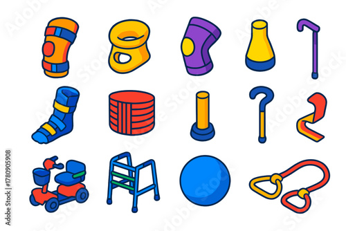 Healthcare Tools Icons. Isometric vector illustration set First Aid and Healthcare Tools: orthopedic brace, neck collar, knee