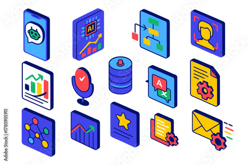 AI Automation Isometric Icons. Isometric vector illustration set AI and Automation Apps: AI chatbot interface, machine learning