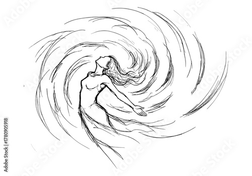 Dynamic line art of woman embracing motion with flowing hair in swirling design