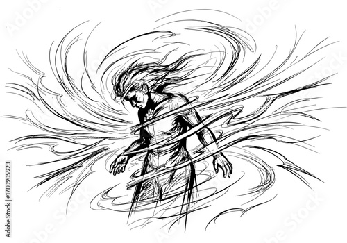 Dynamic energy swirl around a standing figure in expressive sketch art style