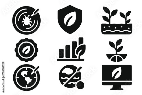 Environmental Impact Icons. Solid style icons of environmental impact scans: pesticide residue spectrum, eco-scan badge, soil