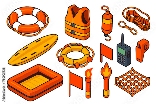 Water Rescue Essentials. Isometric vector illustration set Safety and Warning: lifebuoy, life jacket, rescue throw bag, water