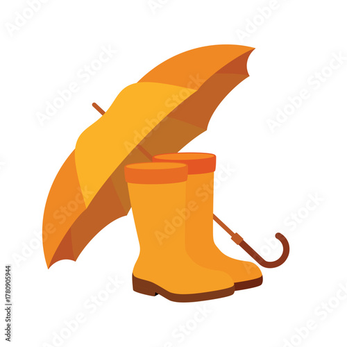 Orange wellies and umbrella vector illustration. Yellow rubber boots and open umbrella icon set isolated on a white background. Rain accessory symbol in flat style