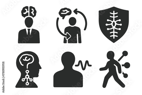 Embodied Leadership Icons. Solid style icons of brain-body connection in leadership: leader posture with brain, body awareness