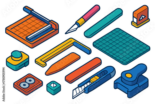 Stationery Tools Set. Isometric vector illustration set Stationery: paper guillotine, rotary trimmer, precision cutter, cutting