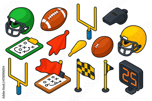 American Football Icons. Isometric vector illustration set American football: green helmet, match football, portable goalpost,