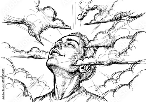 Surreal dreamer amidst clouds: conceptual ink sketch of a man in thought