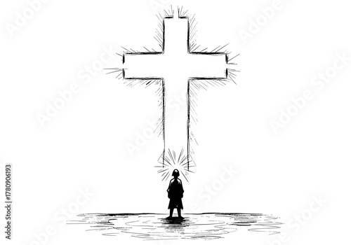 Silhouette of person in contemplation by a glowing cross