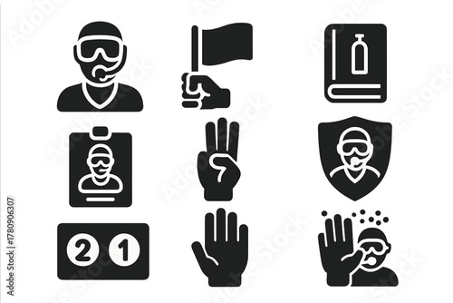 Scuba Referee Icons. Solid style icons of referee and rules: scuba referee with whistle, underwater flag signal, rulebook with