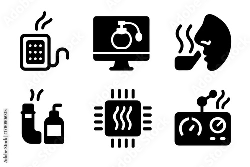 Fragrance Detection Technology. Solid style icons of fragrance input components: scent detection sensor, aroma scanner, digital