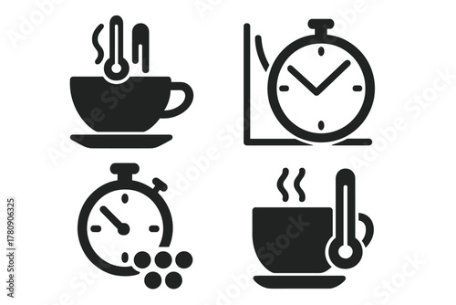 Tea Temperature Icons. Solid style icons of temperature and time study: tea cooling curve, steep time chart, pearl cooking phases.