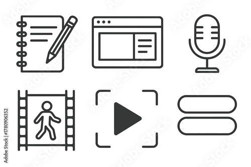 Microlearning Tools Icons. Line style icons of content creation for microlearning: script writing notebook, slide editor icon,
