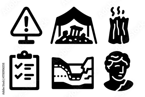 Disaster Archaeology Icons. Line style icons of Disaster Archaeology: disaster zone marker, ruin excavation tent, ancient burnt
